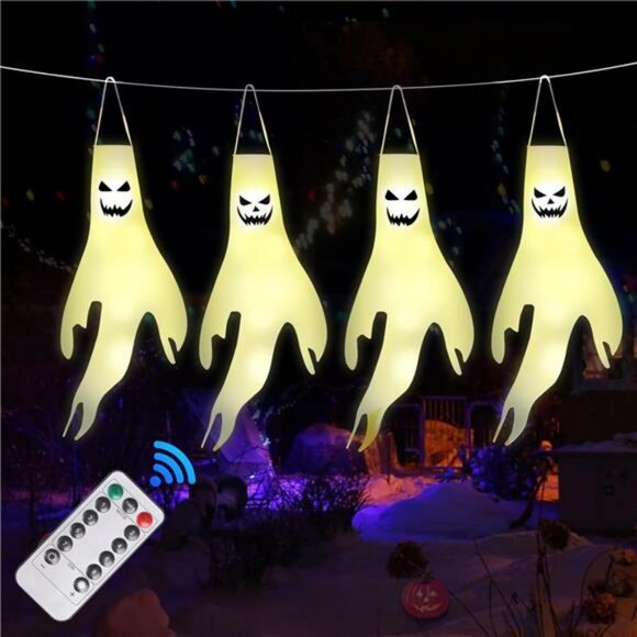 Halloween Decorations Outdoor Ghost Lights - 19.4Ft Outdoor Hanging Ghost Lights - Picture 1 of 8